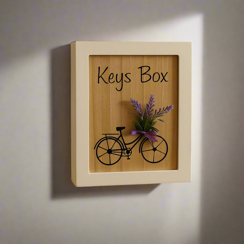Rustic Wooden Keys Box with Bicycle & Lavender Design | Wall Mounted Key Holder for Home Décor