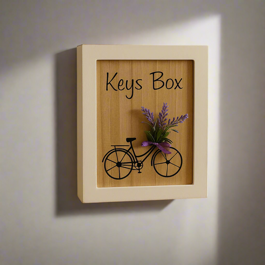 Rustic Wooden Keys Box with Bicycle & Lavender Design | Wall Mounted Key Holder for Home Décor