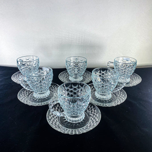 Set of 6 Crystal-Cut Glass Tea Cups with Saucers