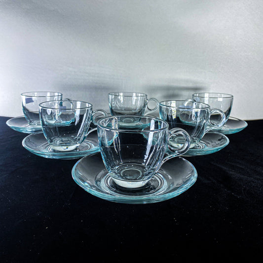 Set of 6 Crystal-Cut Glass Tea Cups with Saucers