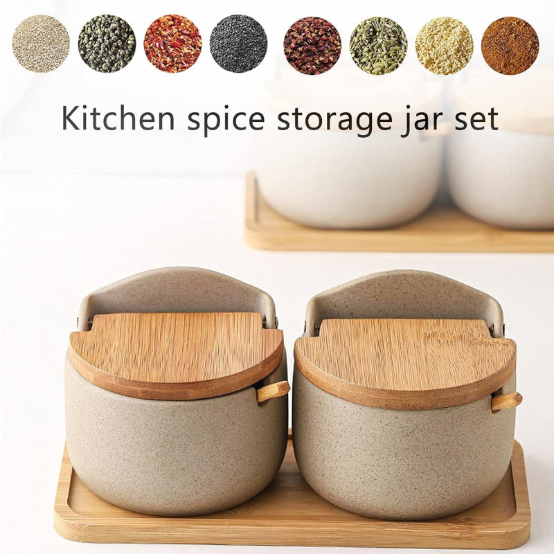 Japanese Style Ceramic Spice Jars, Seasoning Jar Combination Set With 2 Wooden Spoons, Lid & Tray