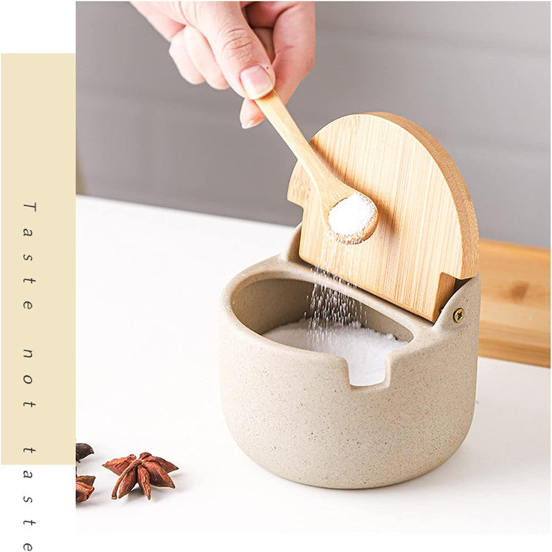 Japanese Style Ceramic Spice Jars, Seasoning Jar Combination Set With 2 Wooden Spoons, Lid & Tray
