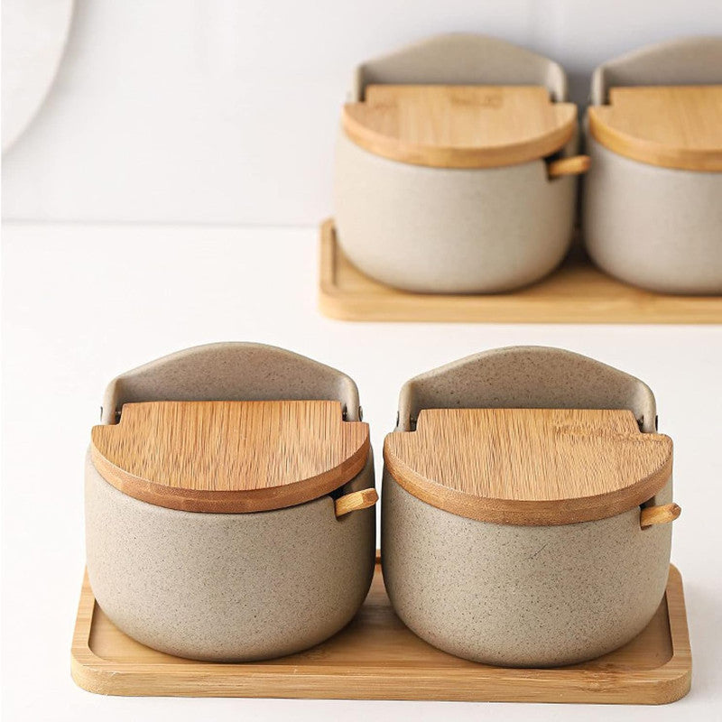 Japanese Style Ceramic Spice Jars, Seasoning Jar Combination Set With 2 Wooden Spoons, Lid & Tray