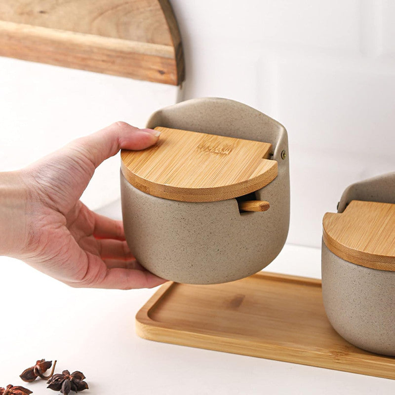 Japanese Style Ceramic Spice Jars, Seasoning Jar Combination Set With 2 Wooden Spoons, Lid & Tray