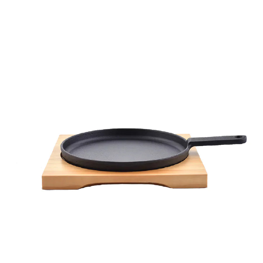 Cast Iron Tawa Sizzling Plate With Wood Base