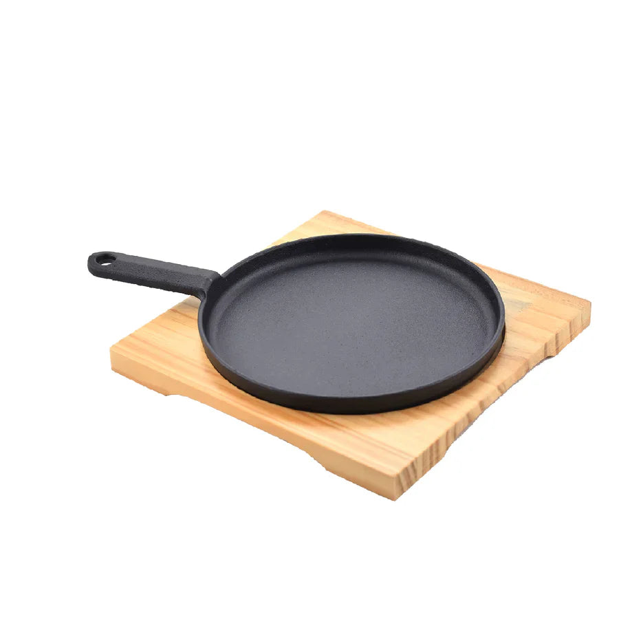 Cast Iron Tawa Sizzling Plate With Wood Base