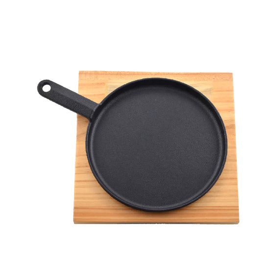 Cast Iron Tawa Sizzling Plate With Wood Base