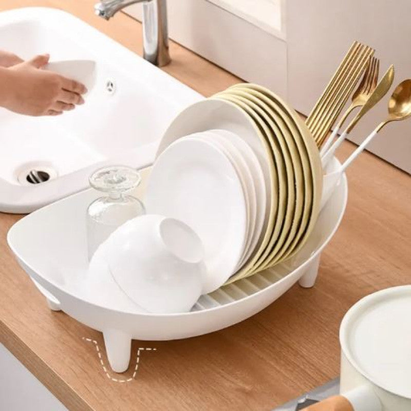 Plastic Kitchen Dish Drying Rack with Drain | Multifunctional Countertop Organizer for Plates, Bowls & Utensils (White)