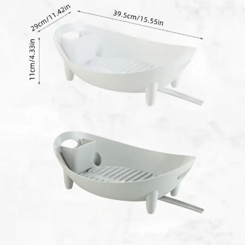 Plastic Kitchen Dish Drying Rack with Drain | Multifunctional Countertop Organizer for Plates, Bowls & Utensils (White)