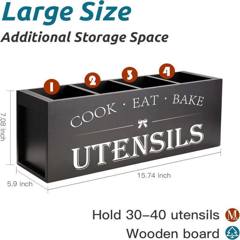 Kitchen Utensils Holder with 4 Compartments, Wooden Utensil Organizer for Kitchen Countertop