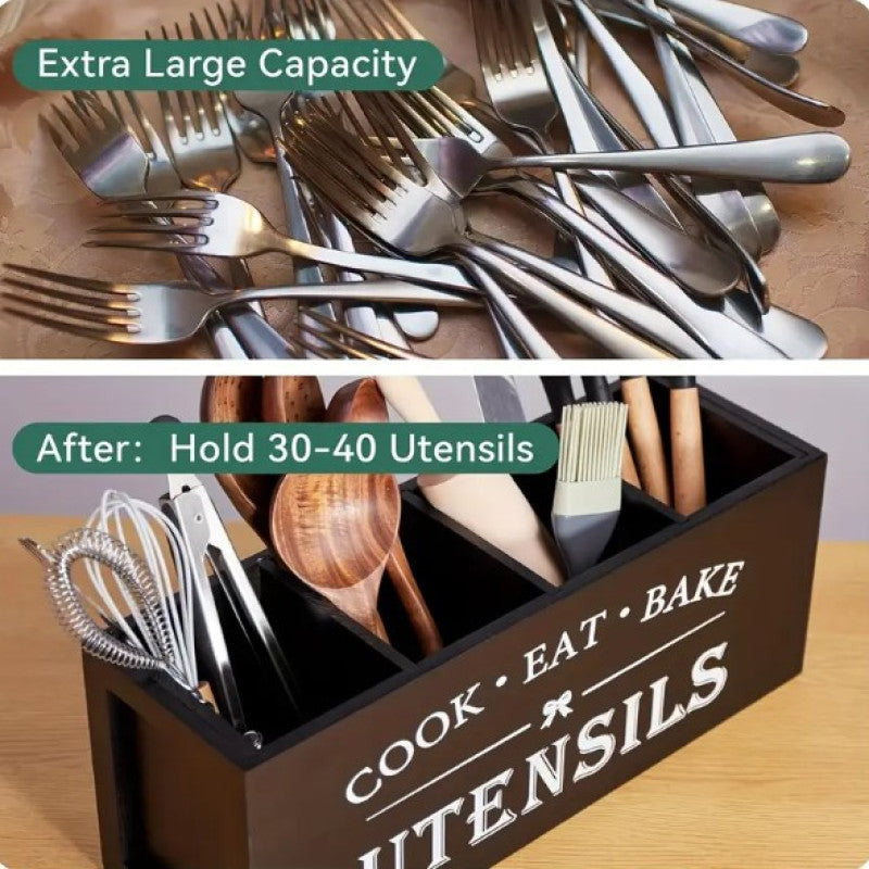 Kitchen Utensils Holder with 4 Compartments, Wooden Utensil Organizer for Kitchen Countertop