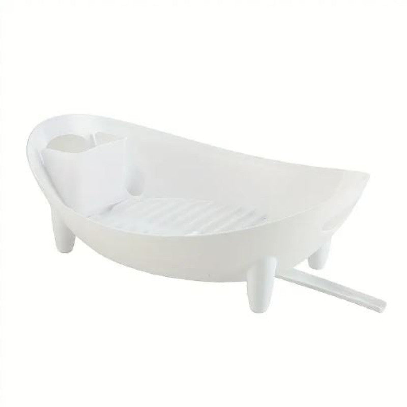 Plastic Kitchen Dish Drying Rack with Drain | Multifunctional Countertop Organizer for Plates, Bowls & Utensils (White)