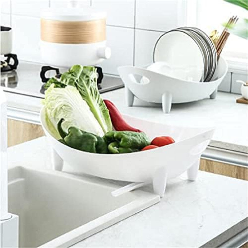 Plastic Kitchen Dish Drying Rack with Drain | Multifunctional Countertop Organizer for Plates, Bowls & Utensils (White)