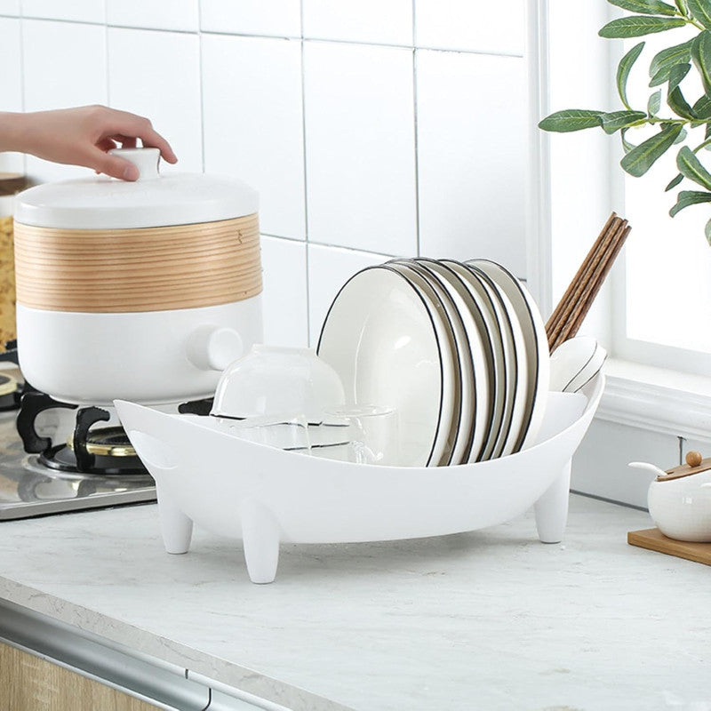 Plastic Kitchen Dish Drying Rack with Drain | Multifunctional Countertop Organizer for Plates, Bowls & Utensils (White)