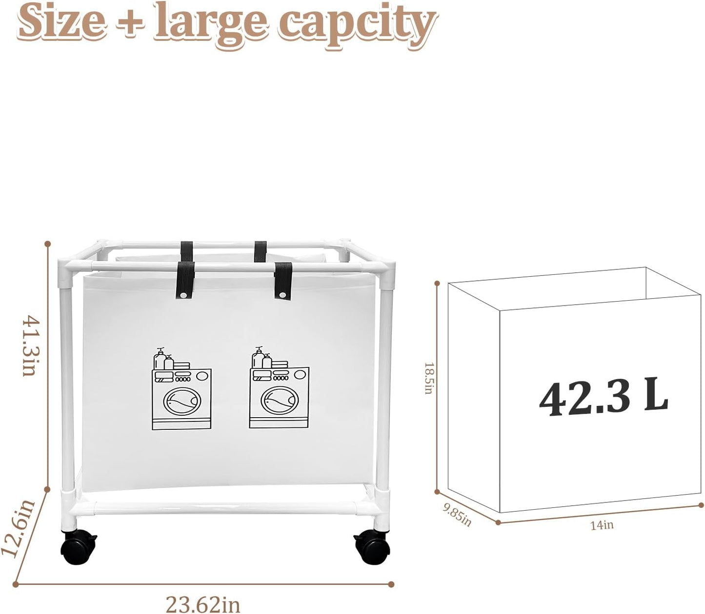 Laundry Hamper with Wheels, Rolling Laundry Basket Large Capacity and Removable Bags for Clothes Storage