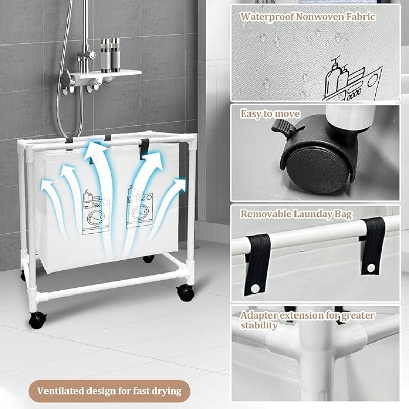 سلة غسيل بعجلات وسلة غسيل دوارة بسعة كبيرة وأكياس قابلة للإزالة لتخزين الملابس 