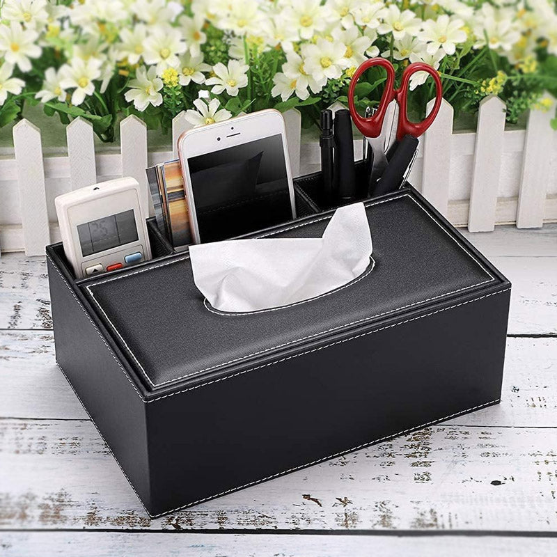 Leather Tissue Box With 3 Compartments