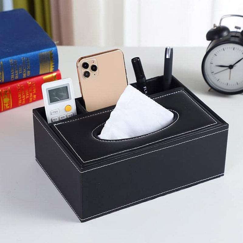 Leather Tissue Box With 3 Compartments