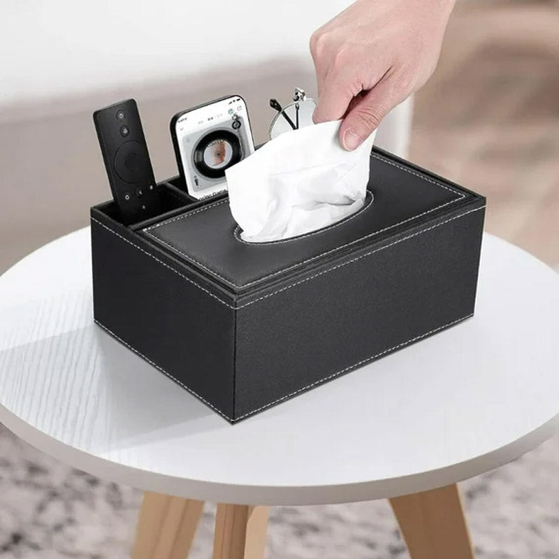 Leather Tissue Box With 3 Compartments