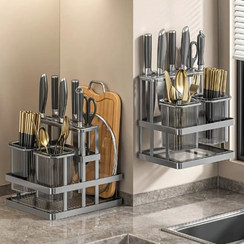1Pc Metal Kitchen Knife Rack with Chopstick Cage, Wall Mounted Countertop Organizer for Cutlery, Chopping Board Storage Holder