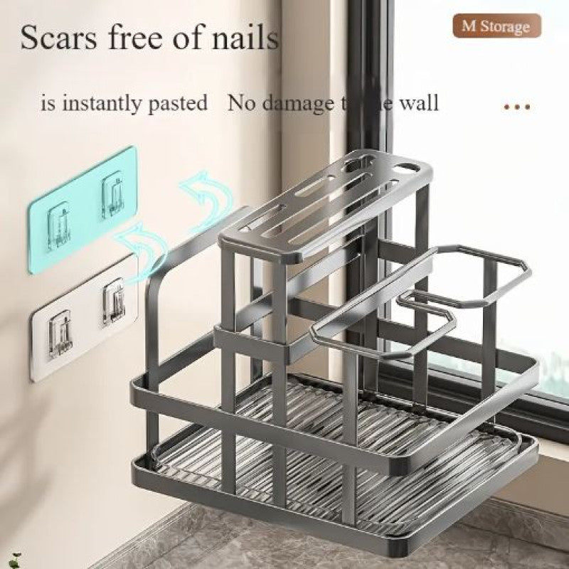 1Pc Metal Kitchen Knife Rack with Chopstick Cage, Wall Mounted Countertop Organizer for Cutlery, Chopping Board Storage Holder