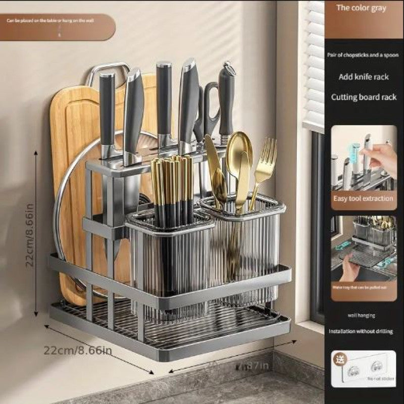 1Pc Metal Kitchen Knife Rack with Chopstick Cage, Wall Mounted Countertop Organizer for Cutlery, Chopping Board Storage Holder