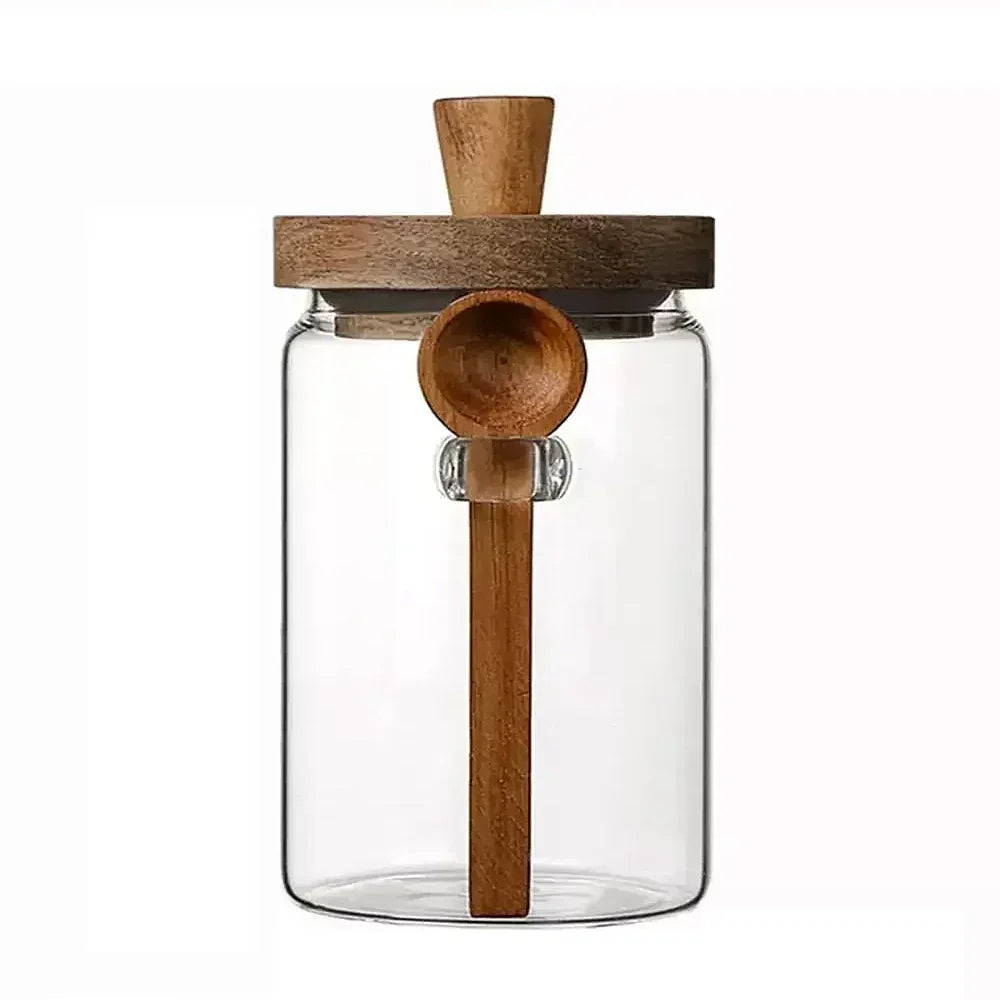 Wooden Knob Glass Jar With Spoon
