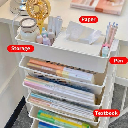 1pc Movable Bookshelf with Wheels Plastic Multilayer Capacity Desk Organizer Table Side Storage Basket Cart for School Classroom Home (6 Layer)