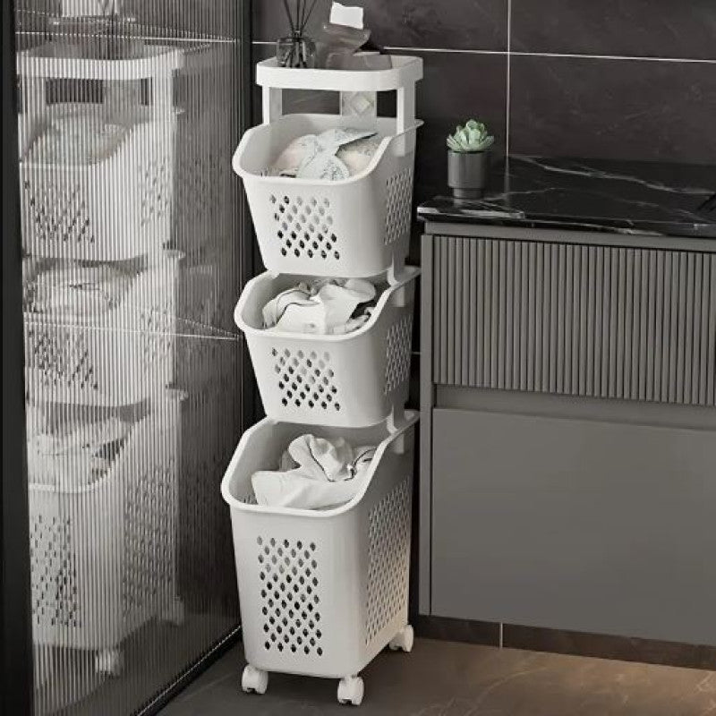 3-Tier Plastic Laundry Hamper with Wheels | Removable Storage Basket & Large Multipurpose Laundry Organizer