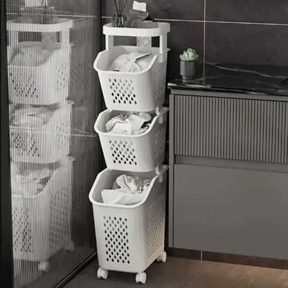 3-Tier Plastic Laundry Hamper with Wheels | Removable Storage Basket & Large Multipurpose Laundry Organizer