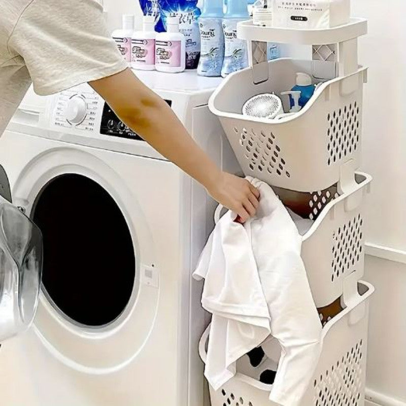 3-Tier Plastic Laundry Hamper with Wheels | Removable Storage Basket & Large Multipurpose Laundry Organizer