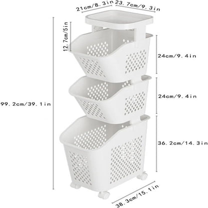 3-Tier Plastic Laundry Hamper with Wheels | Removable Storage Basket & Large Multipurpose Laundry Organizer