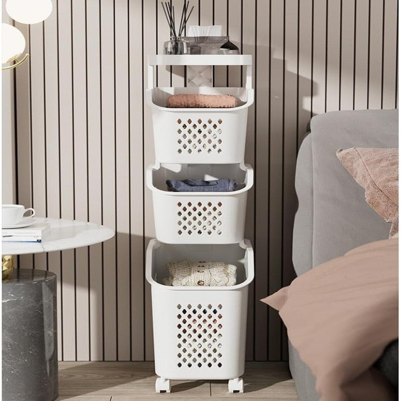 3-Tier Plastic Laundry Hamper with Wheels | Removable Storage Basket & Large Multipurpose Laundry Organizer