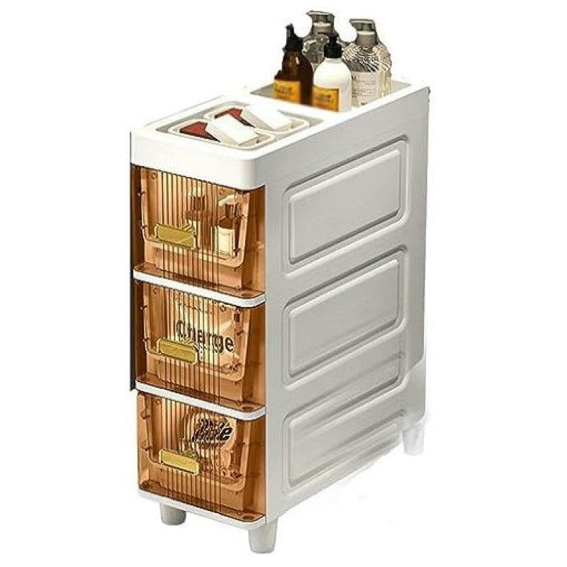 3 Tier Waterproof Plastic Storage Organizer, Multipurpose Narrow Drawer-Style Shelf for Bathroom, Kitchen