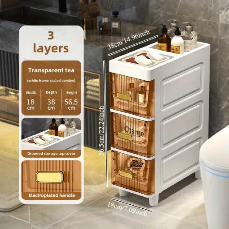3 Tier Waterproof Plastic Storage Organizer, Multipurpose Narrow Drawer-Style Shelf for Bathroom, Kitchen