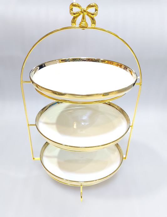 Luxurious 3-Tier Ceramic Pastry Stand with Bow Design – Golden Accents