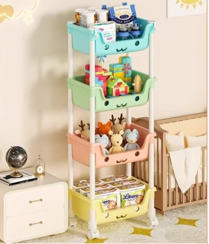 4 Tier Plastic Rolling Storage Rack with Wheels, Multipurpose Stacking Mobile Shelf Unit Tower for Kitchen, Bathroom, Laundry, Home Office