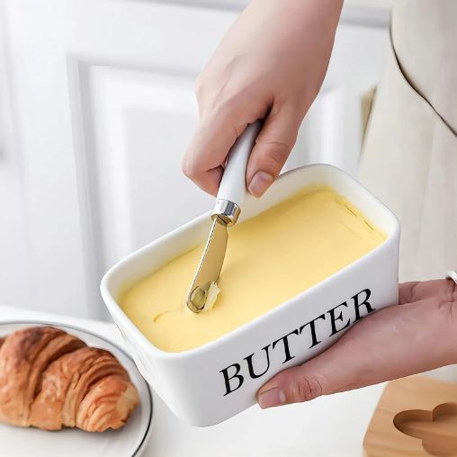 Porcelain Butter Dish with Butter Knife (500ml), Wooden Butter Keeper Container with Knife and Silicone Sealing