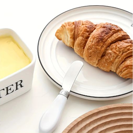 Porcelain Butter Dish with Butter Knife (500ml), Wooden Butter Keeper Container with Knife and Silicone Sealing