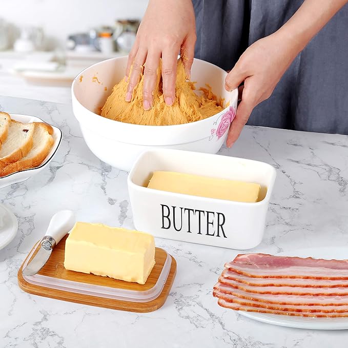 Porcelain Butter Dish with Butter Knife (500ml), Wooden Butter Keeper Container with Knife and Silicone Sealing