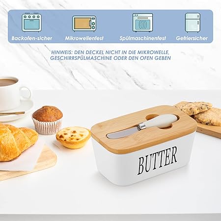 Porcelain Butter Dish with Butter Knife (500ml), Wooden Butter Keeper Container with Knife and Silicone Sealing