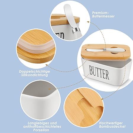 Porcelain Butter Dish with Butter Knife (500ml), Wooden Butter Keeper Container with Knife and Silicone Sealing