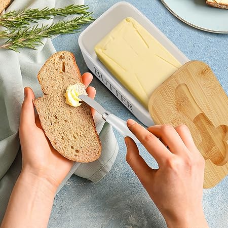 Porcelain Butter Dish with Butter Knife (500ml), Wooden Butter Keeper Container with Knife and Silicone Sealing