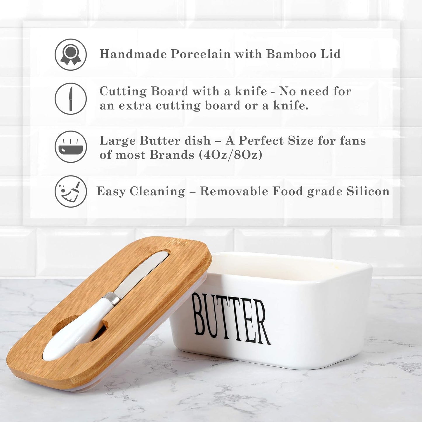 Porcelain Butter Dish with Butter Knife (500ml), Wooden Butter Keeper Container with Knife and Silicone Sealing