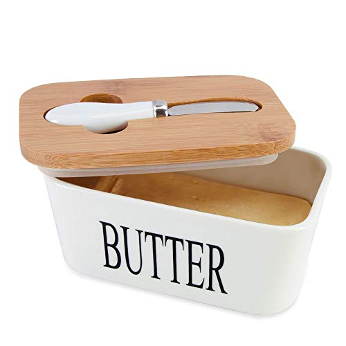 Porcelain Butter Dish with Butter Knife (500ml), Wooden Butter Keeper Container with Knife and Silicone Sealing