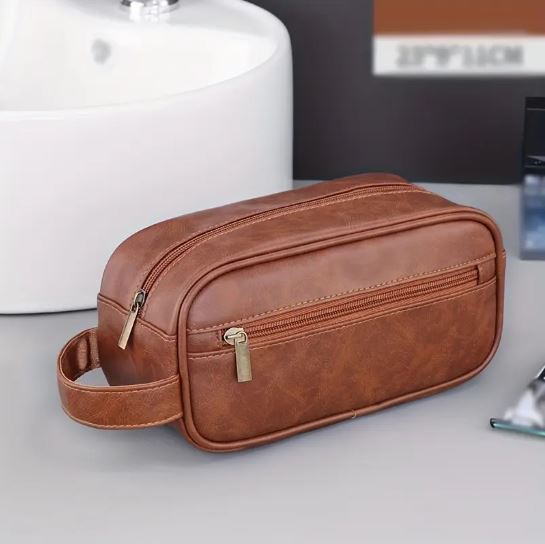 Mens PU Leather Toiletry Bag, Hanging Washbag Waterproof Travel Cosmetics Pouch Essential Toiletries Organizer
