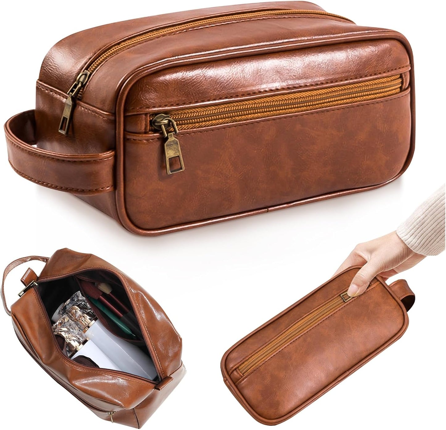 Mens PU Leather Toiletry Bag, Hanging Washbag Waterproof Travel Cosmetics Pouch Essential Toiletries Organizer