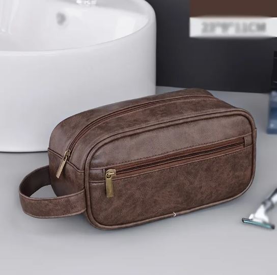Mens PU Leather Toiletry Bag, Hanging Washbag Waterproof Travel Cosmetics Pouch Essential Toiletries Organizer