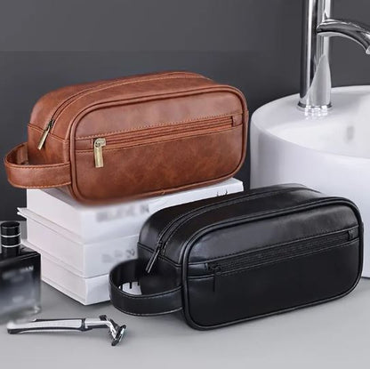Mens PU Leather Toiletry Bag, Hanging Washbag Waterproof Travel Cosmetics Pouch Essential Toiletries Organizer