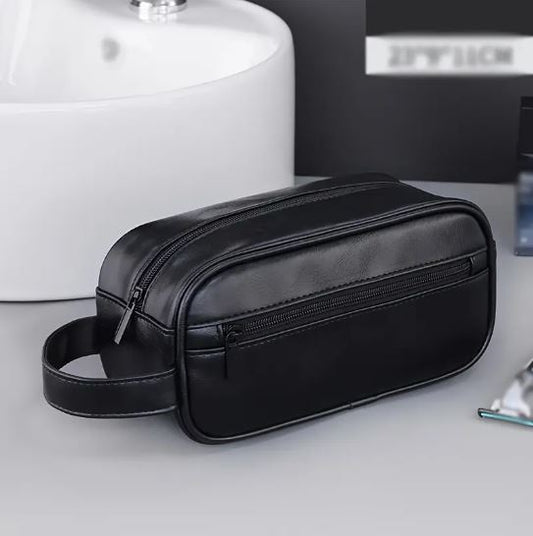 Mens PU Leather Toiletry Bag, Hanging Washbag Waterproof Travel Cosmetics Pouch Essential Toiletries Organizer